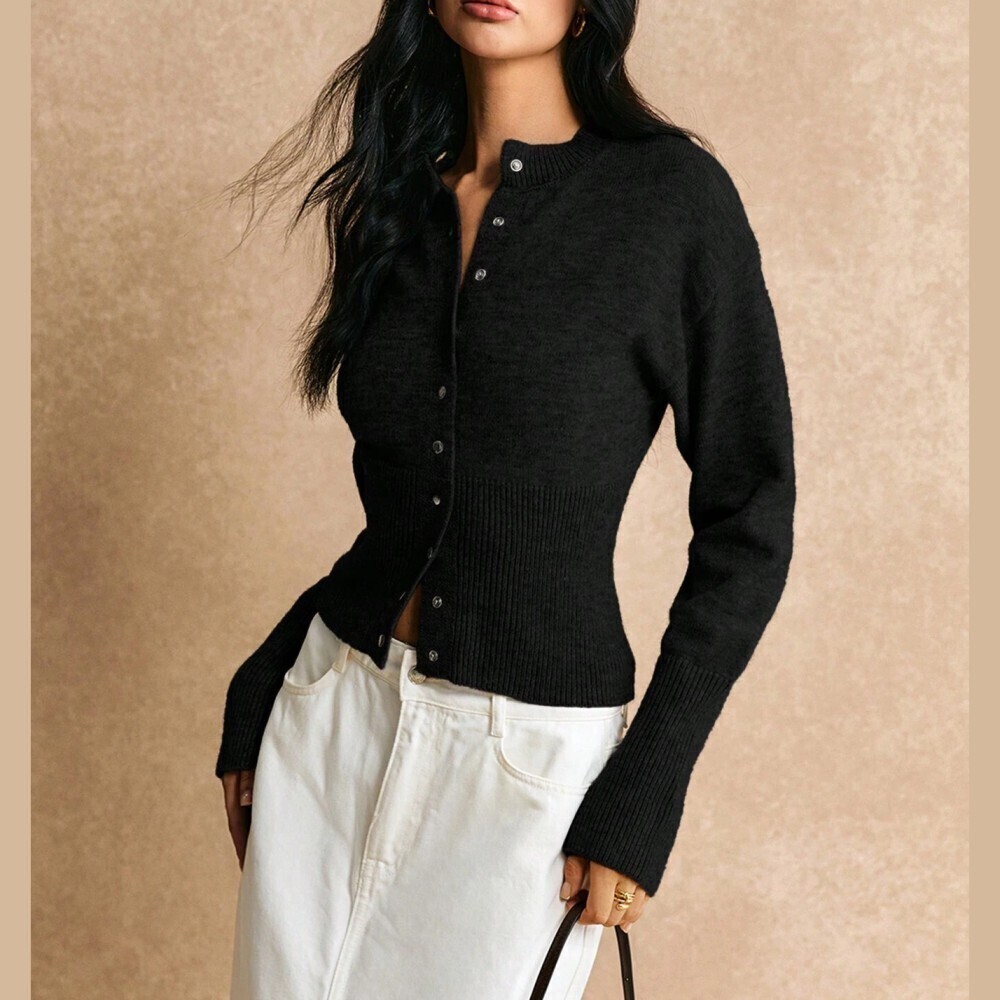 Black Ribbed Waist Knit Button Front Fitted Cardigan
